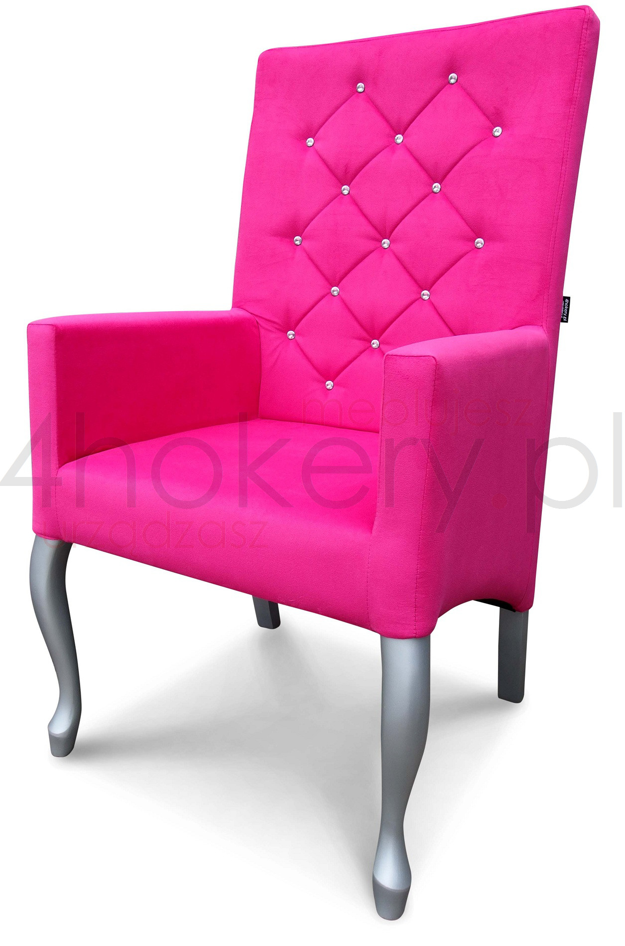 Różowy fotel Ludwik z oparciem pikowanym w karo z kryształkami
